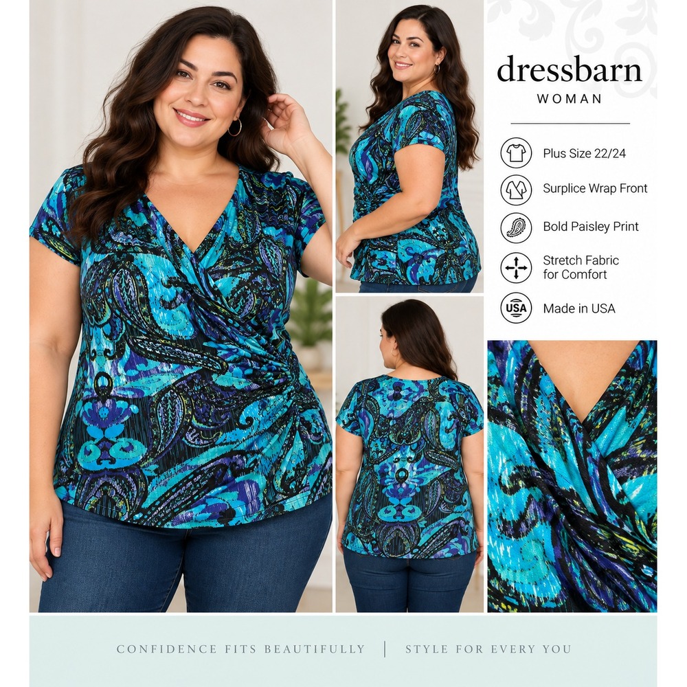 Dressbarn Woman Blouse Top 22/24 3X Teal Purple Blue Paisley Faux Wrap Surplice
